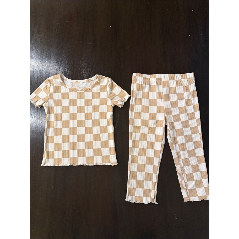 Tahari Girl Tan White Checkered Ribbed Top and Leggings Set 2T